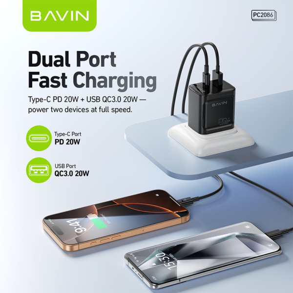 Bavin Super Fast Combo Charger (20W)USB&Type C Dual Port C to C Cable-Black